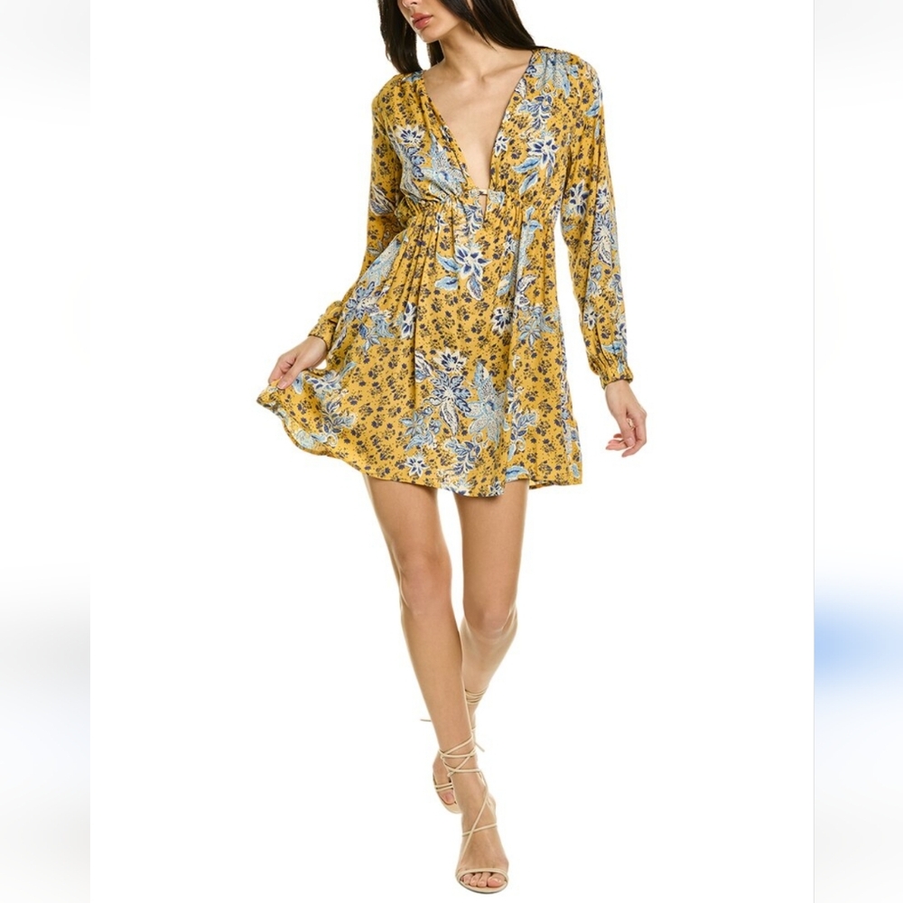 Free People Soli Mini In Golden Hour Floral Deep V-Neck Long Sleeve Dress Size L